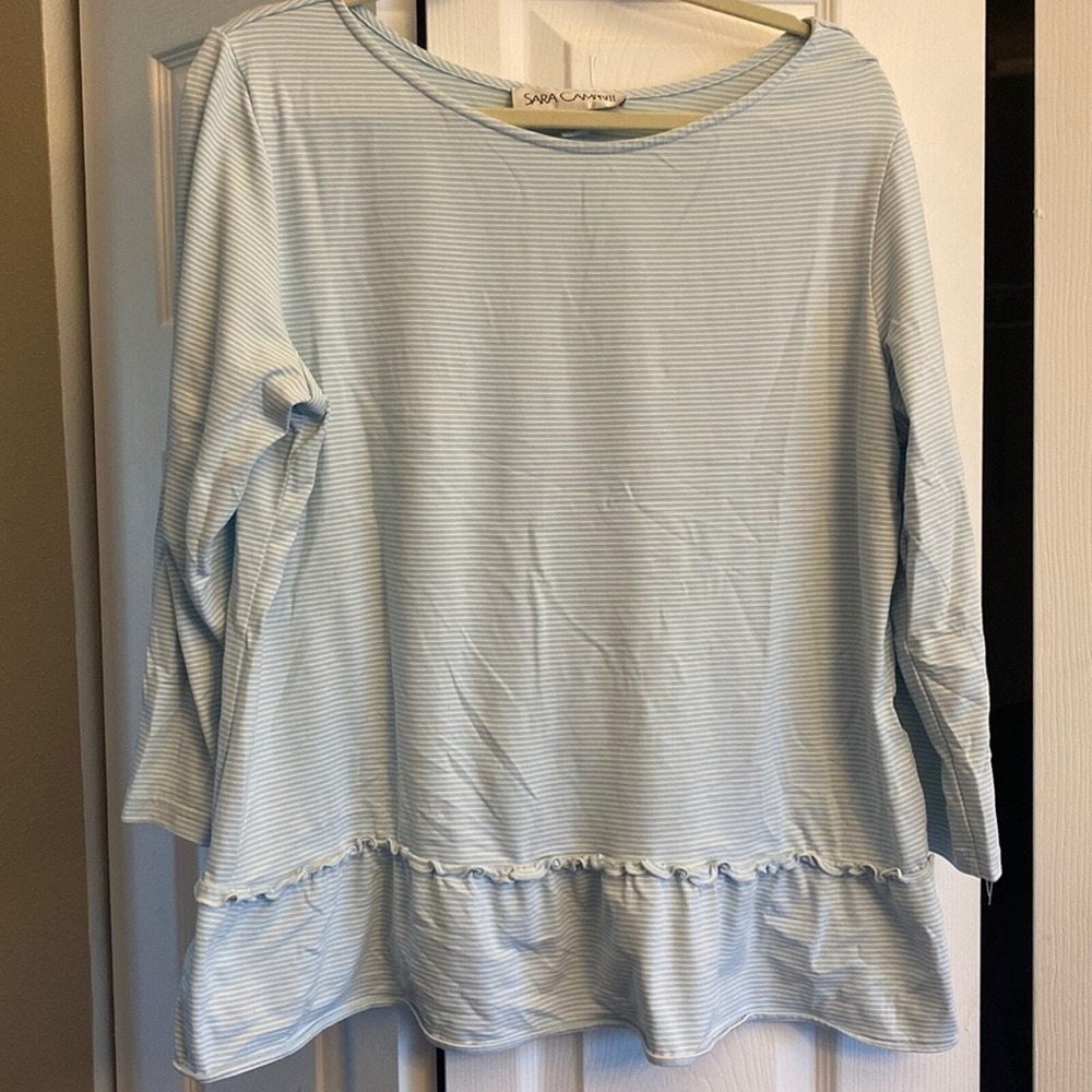 Sara Campbell Peplum Hem Top Womens Size XL Blue White Striped Ruffle Knit USA